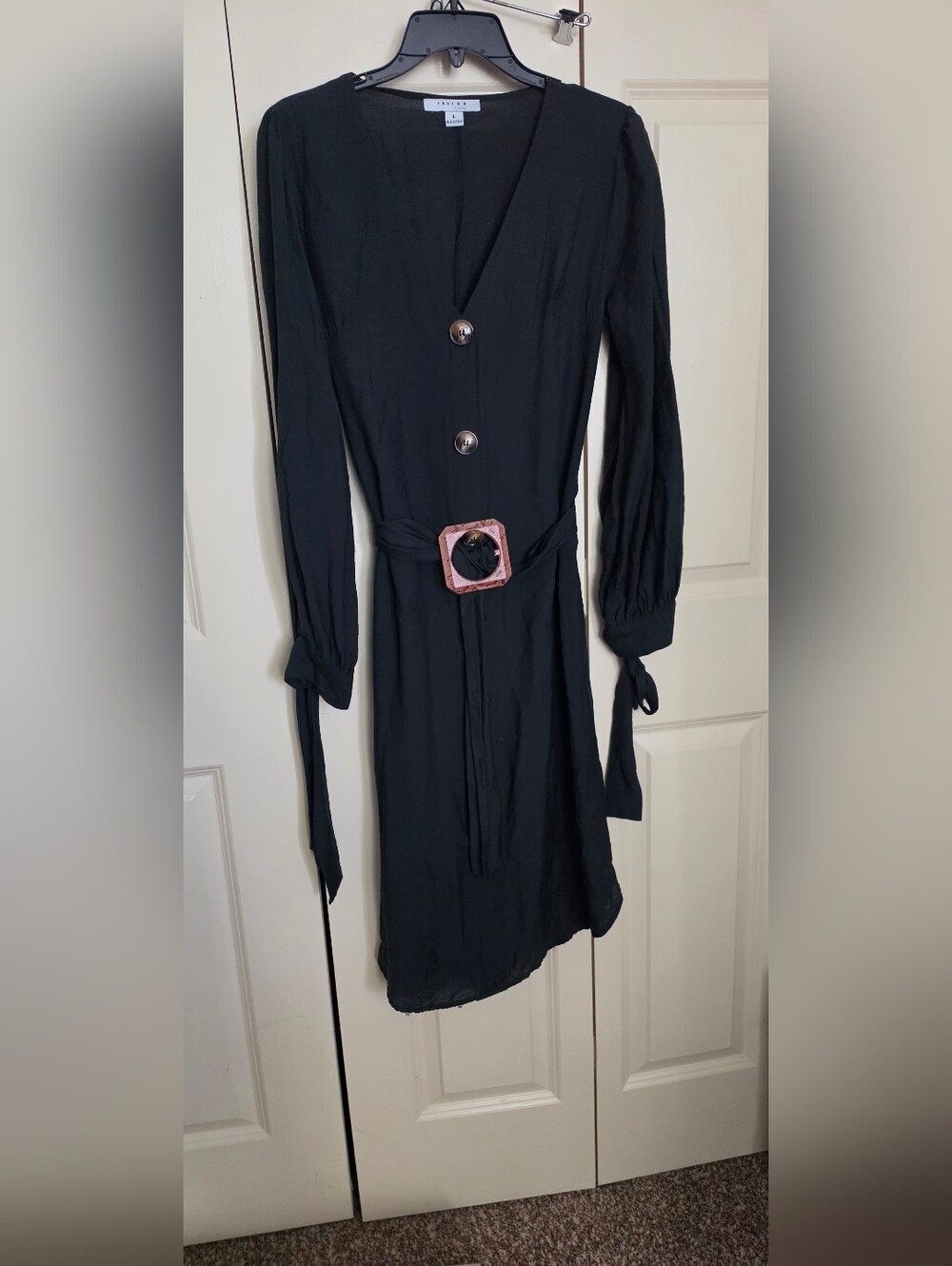 FAVLUX Black Long-Sleeve Button Shirt Dress with Pink Buckle